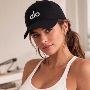 Alo Yoga OS Black Nylon Cotton Baseball Cap Metallic Logo Hat